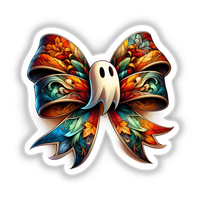 Ghost Coquette Bow Halloween featuring a colorful bow with a cartoon ghost in the center, perfect for stickers or digital artwork.