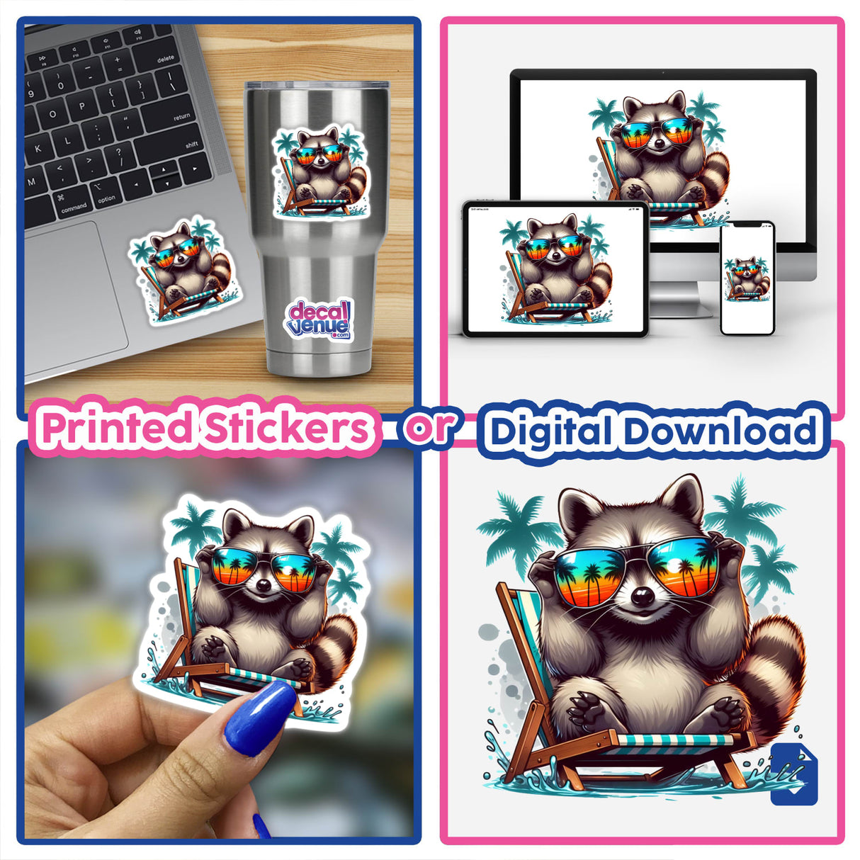 Collage featuring Summertime Raccoon on Beach Vacation with raccoons wearing sunglasses on a beach chair, depicted as stickers or digital artwork, emphasizing cartoon charm and playful vacation theme.