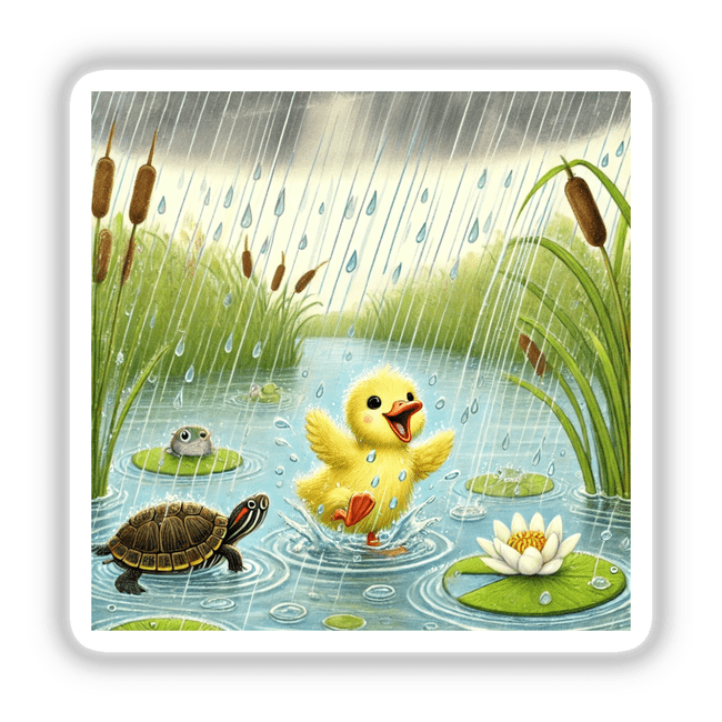 Cartoon of a duckling in a pond with turtles and water lilies, titled Duckling Turtle Frog In Rain With Plants And Lily, available as stickers or digital artwork from Decal Venue.