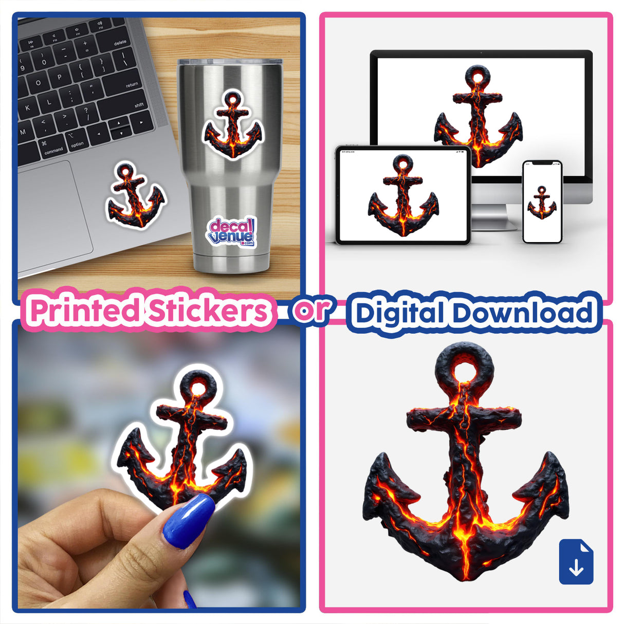 Collage featuring the Molten Lava Anchor design as stickers and digital artwork, showcasing a black anchor with lava details, suitable for laptops and cups.