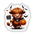 Halloween Highland Cow Trick or Treat sticker or digital artwork featuring a cartoon cow holding a pumpkin basket and a sign.