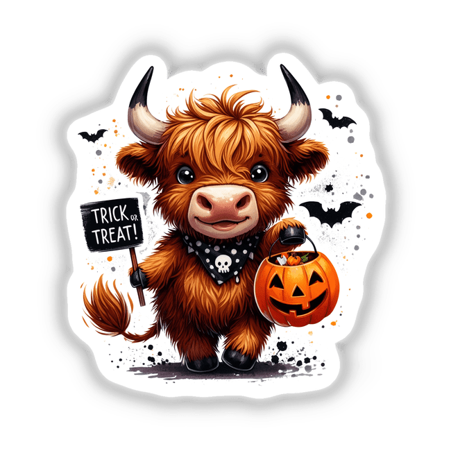 Halloween Highland Cow Trick or Treat sticker or digital artwork featuring a cartoon cow holding a pumpkin basket and a sign.