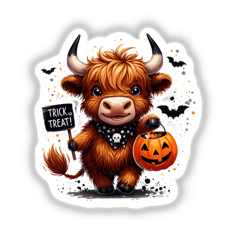 Halloween Highland Cow Trick or Treat sticker or digital artwork featuring a cartoon cow holding a pumpkin basket and a sign.