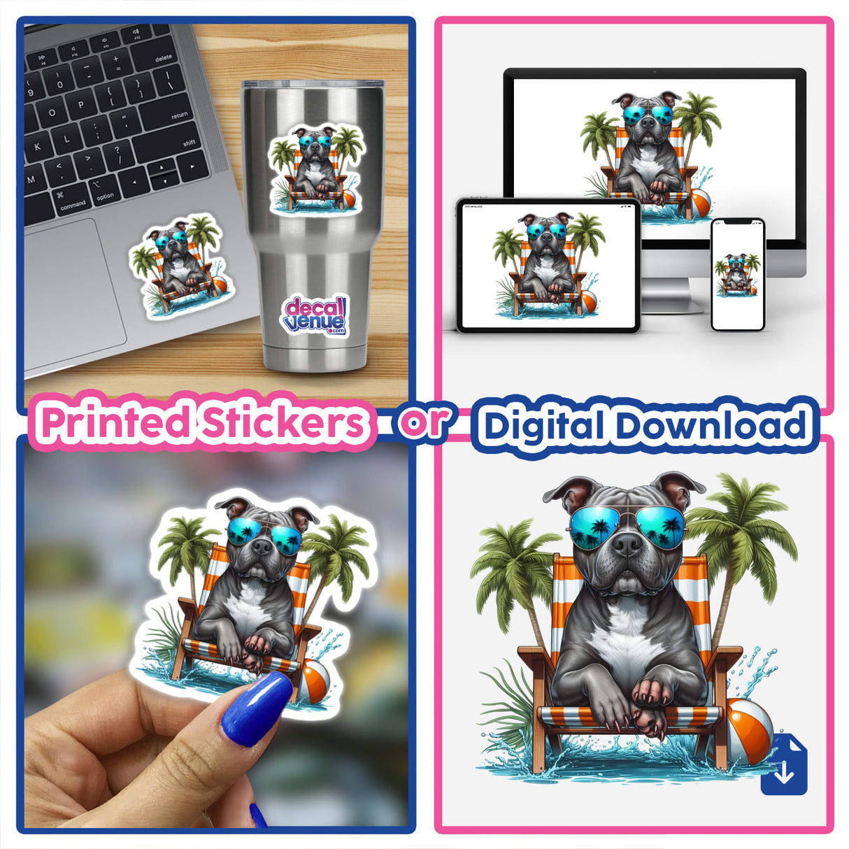 Cool Dude Gray Pitbull sitting in a beach chair, wearing sunglasses, featured in a collage. Available as stickers or digital artwork, perfect for fans of unique vinyl decals and digital art.
