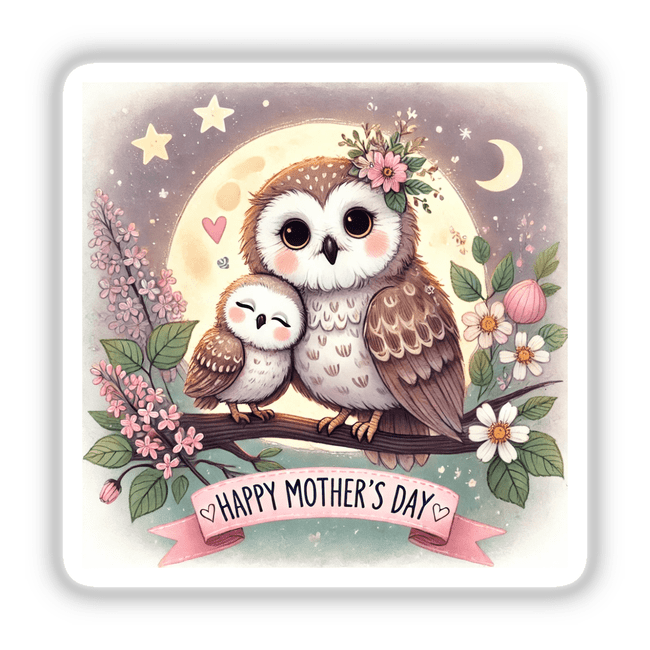 Two Cartoon Owls Happy Mother's Day Graphic featuring two adorable owls, available as unique stickers or digital artwork, perfect for celebrating motherhood with charm and creativity from Decal Venue.