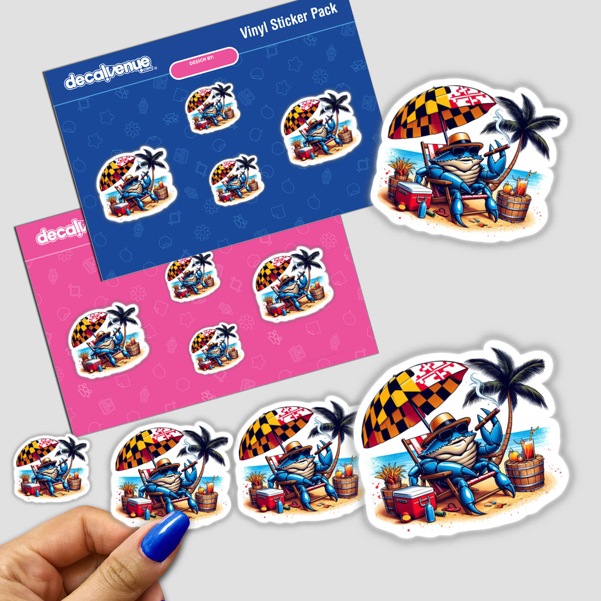 Maryland Summer Blue Crab in Beach Chair Smoking Cigar sticker pack, featuring cartoon crabs with cigars, ideal for vinyl sticker enthusiasts seeking unique, beach-themed designs from Decal Venue.