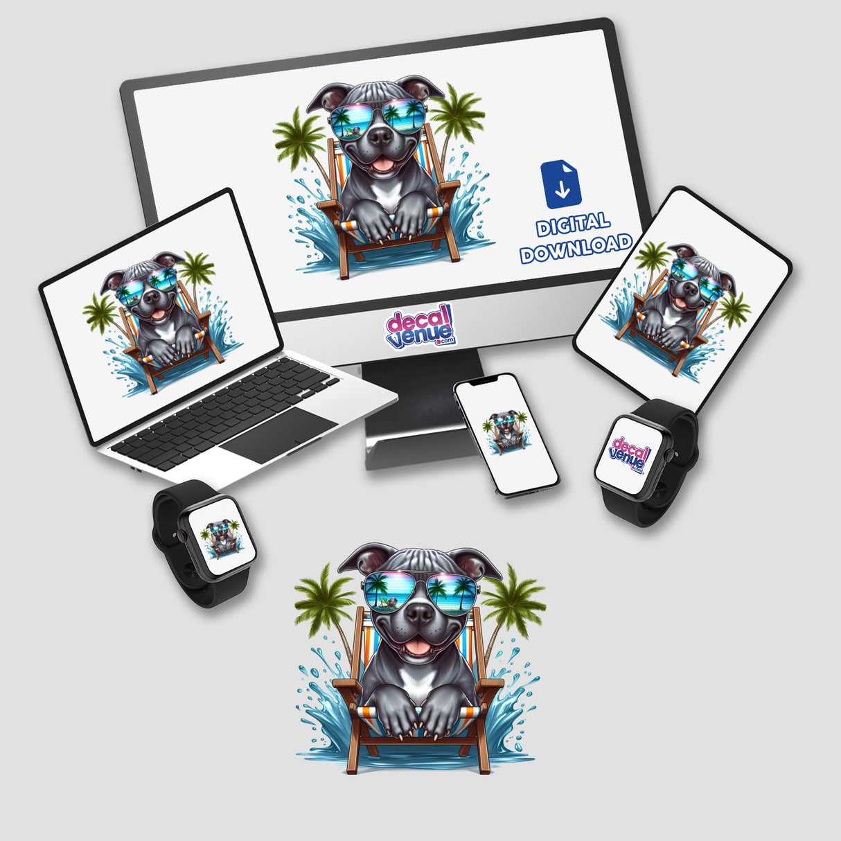 Peeking Pitbull Dog in Beach Chair depicted on a computer monitor, laptop, and smartwatch screens, available as stickers or digital artwork from Decal Venue.