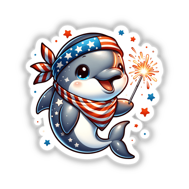 Dolphin Holding Sparkler Wearing Stars and Stripes Bandana