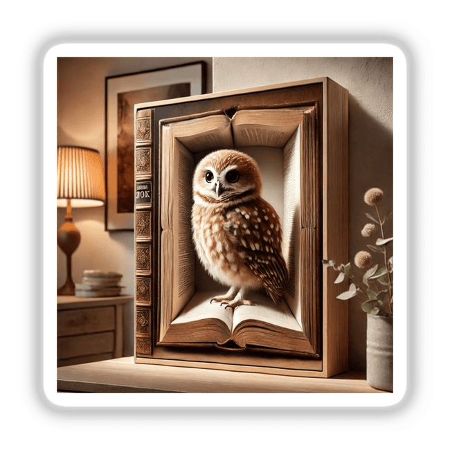 Owl in Hollowed Out Book artwork, featuring a lifelike owl nestled within a carved book, available as stickers or digital artwork.