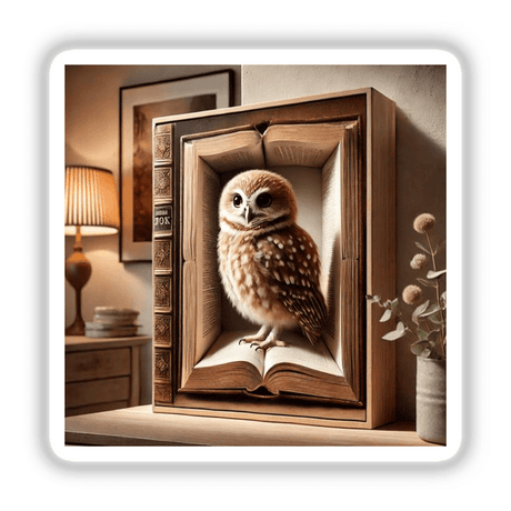 Owl in Hollowed Out Book artwork, featuring a lifelike owl nestled within a carved book, available as stickers or digital artwork.