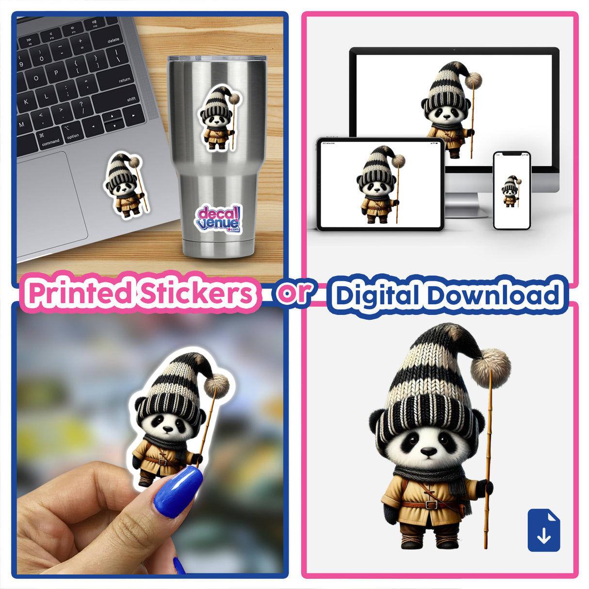 Panda Gnome with Bamboo Stick sticker on a laptop keyboard, showcasing an adorable cartoon panda in a hat and scarf.