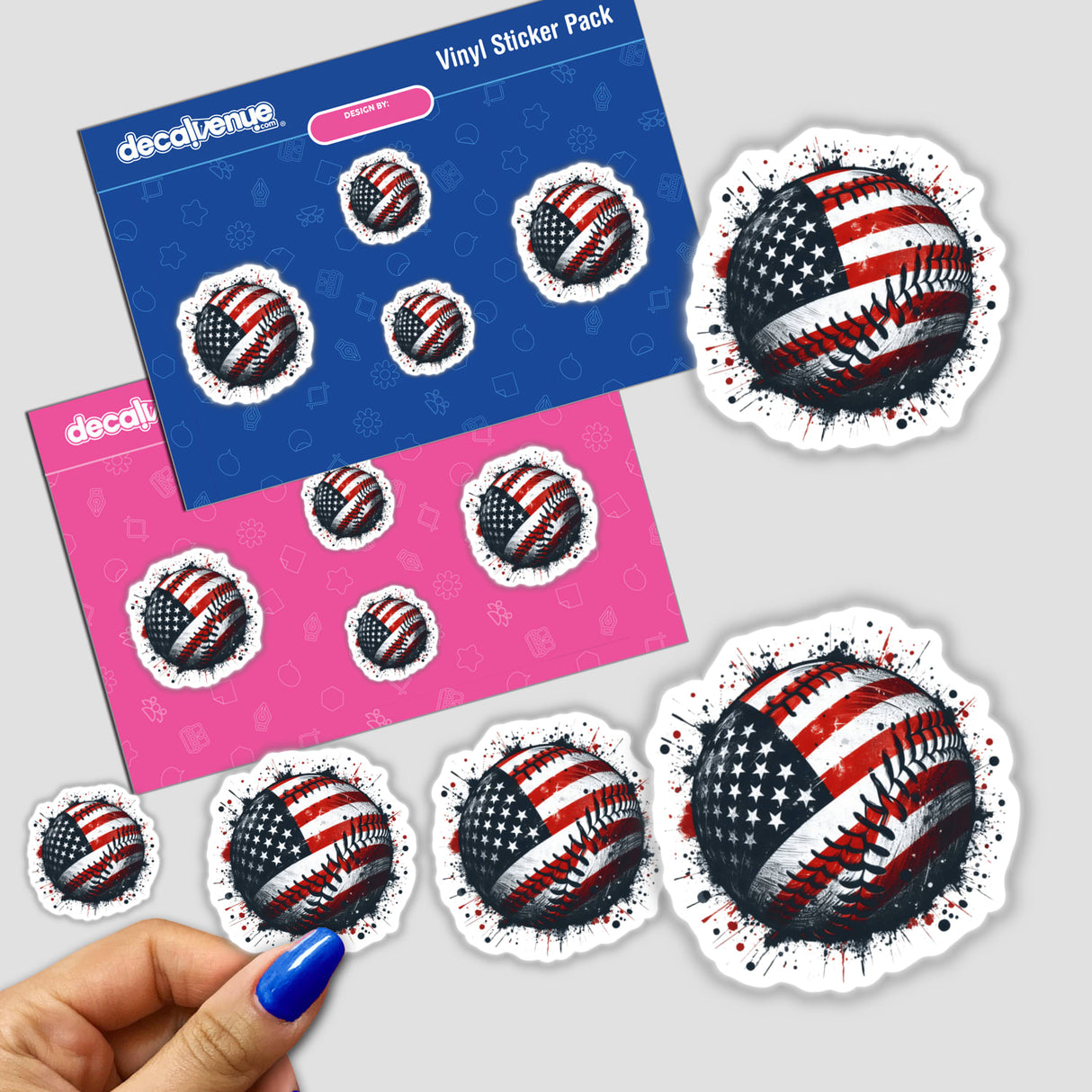American Flag Baseball Splatter II sticker featuring baseballs with American flag designs, showcasing a unique blend of sports and patriotism, available as vinyl stickers or digital artwork.