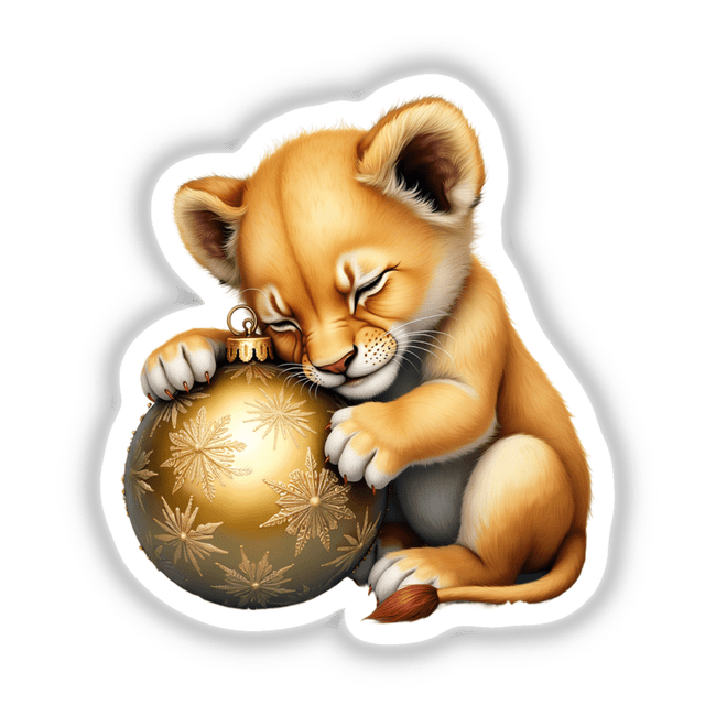 Baby Lion Sleeping on Christmas Ornament: A cartoon-style depiction of a lion cub delicately clutching a gold ornament, available as unique stickers or digital artwork from Decal Venue.