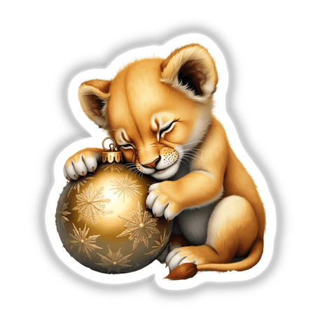 Baby Lion Sleeping on Christmas Ornament: A cartoon-style depiction of a lion cub delicately clutching a gold ornament, available as unique stickers or digital artwork from Decal Venue.