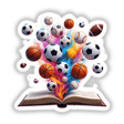 Vibrant Array of Sports Balls Erupting from an Open Book, featuring diverse sports balls bursting from pages, capturing dynamic art perfect for sports enthusiasts and creative spaces.
