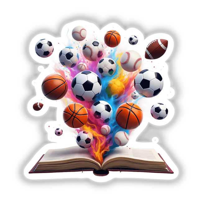 Vibrant Array of Sports Balls Erupting from an Open Book, featuring diverse sports balls bursting from pages, capturing dynamic art perfect for sports enthusiasts and creative spaces.