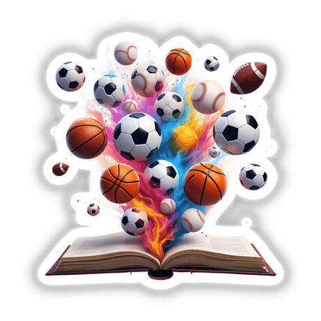 Vibrant Array of Sports Balls Erupting from an Open Book, featuring diverse sports balls bursting from pages, capturing dynamic art perfect for sports enthusiasts and creative spaces.