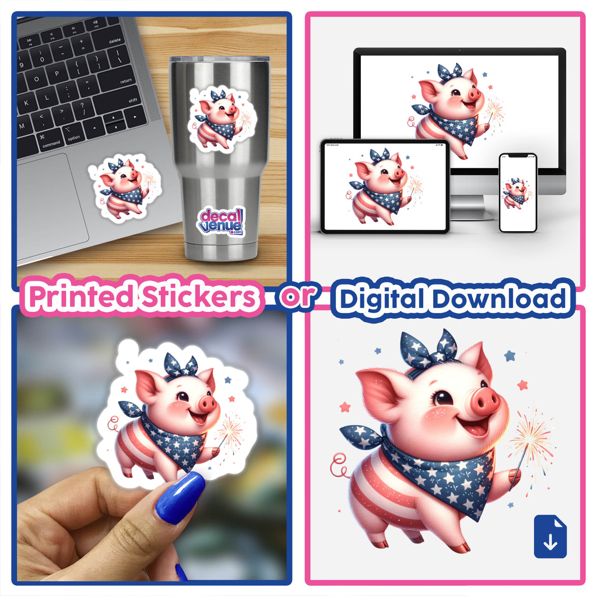 Patriotic Pig Wearing Bandana Holding Sparkler