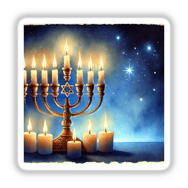 Hanukkah Lights - Menorah with Glistening Candles: A menorah with lit candles, perfect for stickers or digital artwork from Decal Venue.
