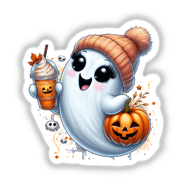 Cute Orange Beanie Pumpkin Spice Ghost holding a pumpkin and drink, perfect as stickers or digital artwork from Decal Venue.