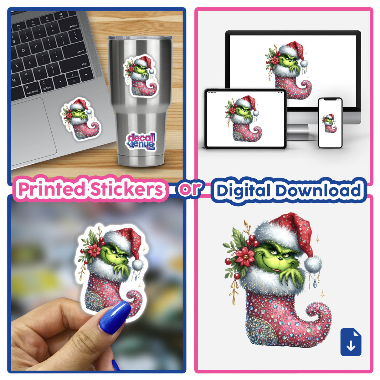 Green Grouch Santa in Sparkly Christmas Stocking Boot sticker shown on a laptop and phone, highlighting its versatility as both a physical decal and digital artwork from Decal Venue.