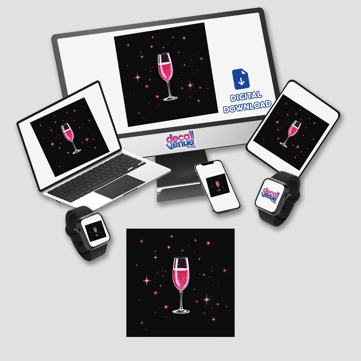 Pink Champagne Glass with Red Ribbon and Glitter Stars featured on various electronic screens, showcasing its design as available stickers or digital artwork from Decal Venue.