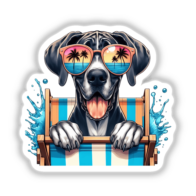 Happy Great Dane Peeking from Beach Chair: Illustration of a dog wearing sunglasses, sitting on a beach chair with palm trees reflected in the lenses. Available as stickers or digital artwork.