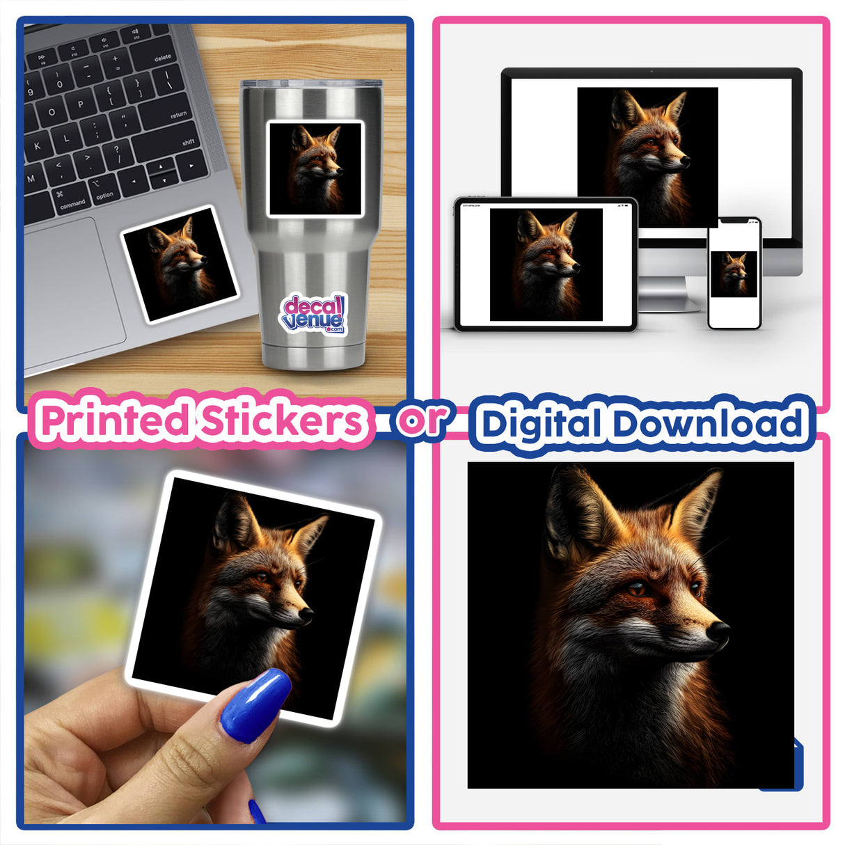 Collage featuring a laptop displaying the Cinematic Fox Portrait on Black Background, with close-up images of the fox and a hand holding the fox picture. Available as Stickers or Digital Artwork.