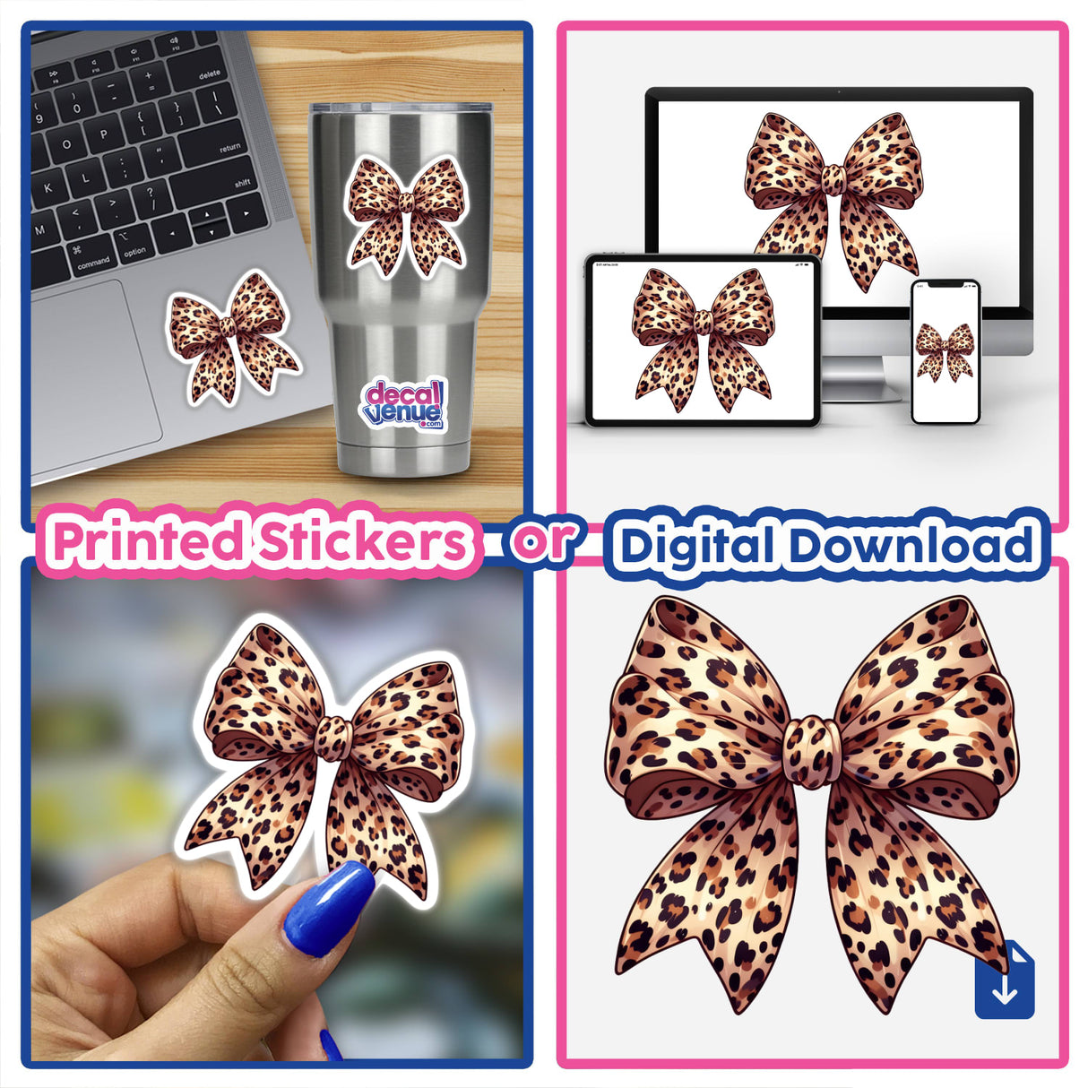 Leopard Print Coquette Bow collage showcasing a leopard-patterned bow on various surfaces, including a laptop and cellphone, highlighting its versatility as a sticker or digital artwork from Decal Venue.