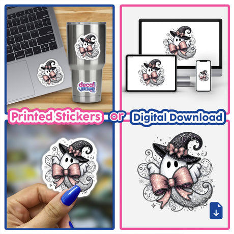 Fancy Friendly Ghost w/ Pink Bow sticker displayed on a laptop, cup, and held by a person, featuring a cute cartoon ghost illustration.