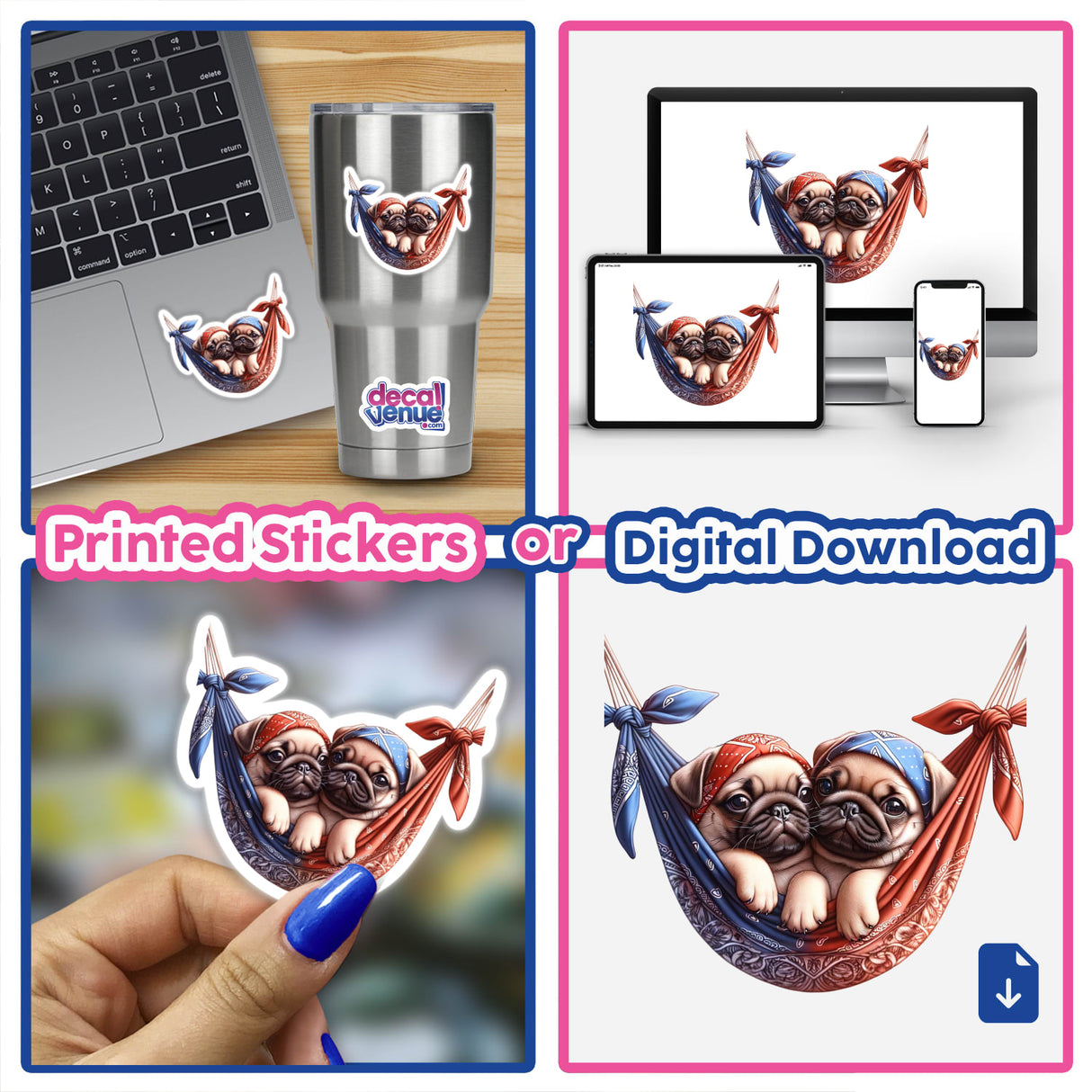 Cute Pug Dogs in Bandana Hammock