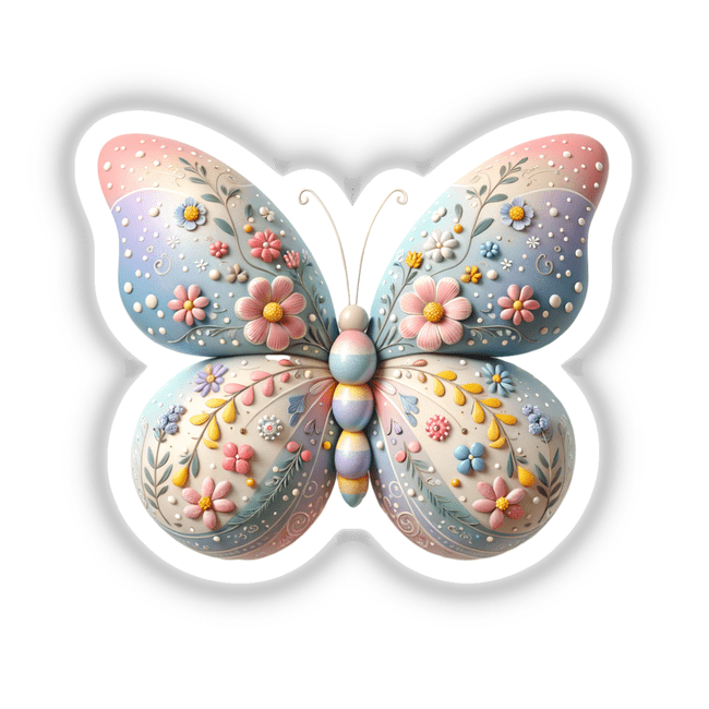 Beautiful Pastel Easter Butterfly with Floral Design, showcasing a butterfly surrounded by flowers and decorative eggs, available as stickers or digital artwork from Decal Venue. Perfect for adding a unique, artistic touch.
