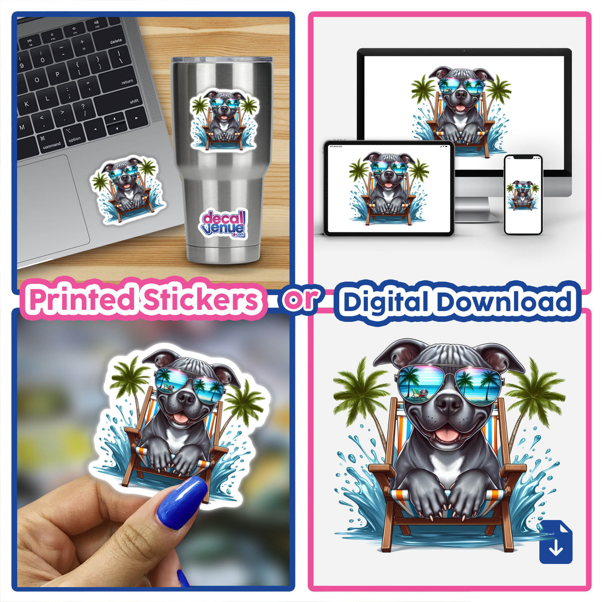 Peeking Pitbull Dog in Beach Chair sticker, featuring a cartoon pitbull wearing sunglasses, ideal for laptops or cups. Available as vinyl stickers or digital artwork from Decal Venue.