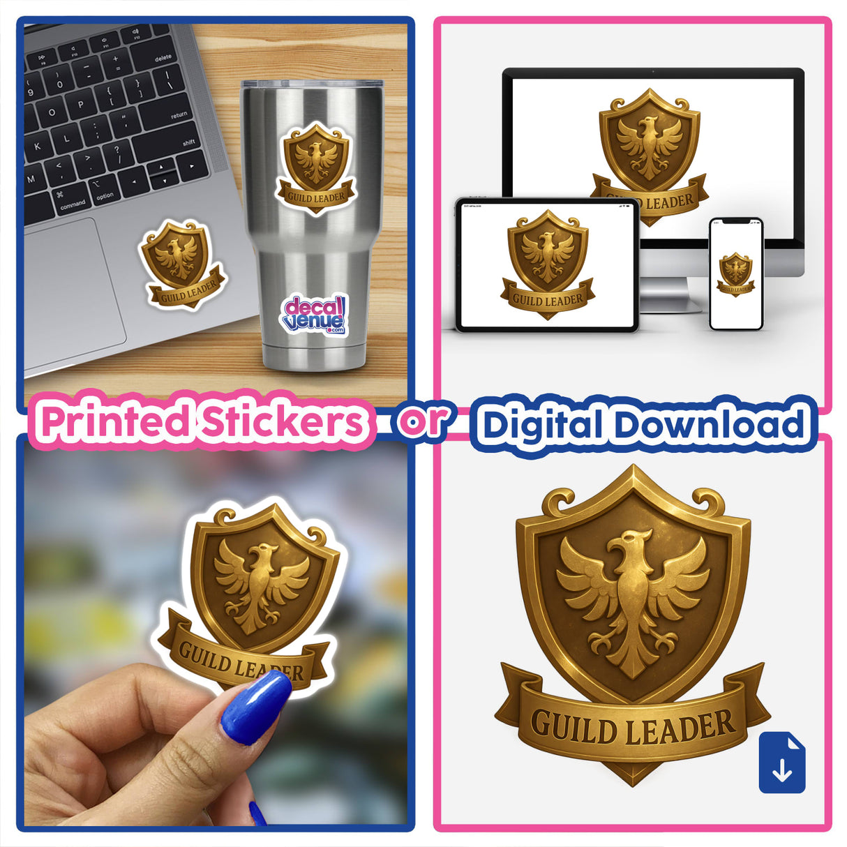 Guild Leader – RPG-Style Skill Badge featuring a gold heraldic emblem, available as a sticker or digital artwork, reflecting Decal Venue's unique vinyl and digital art collection.