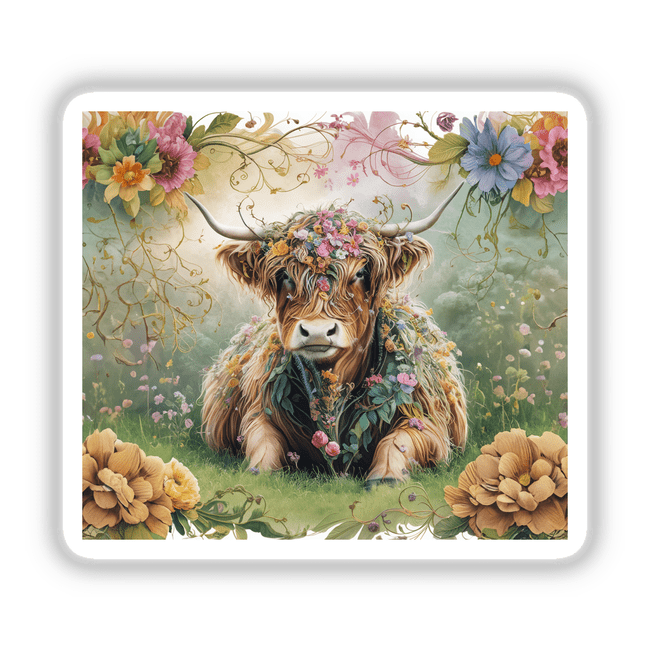 Floral Serenity: Majestic Highland Cow in a Lush Meadow