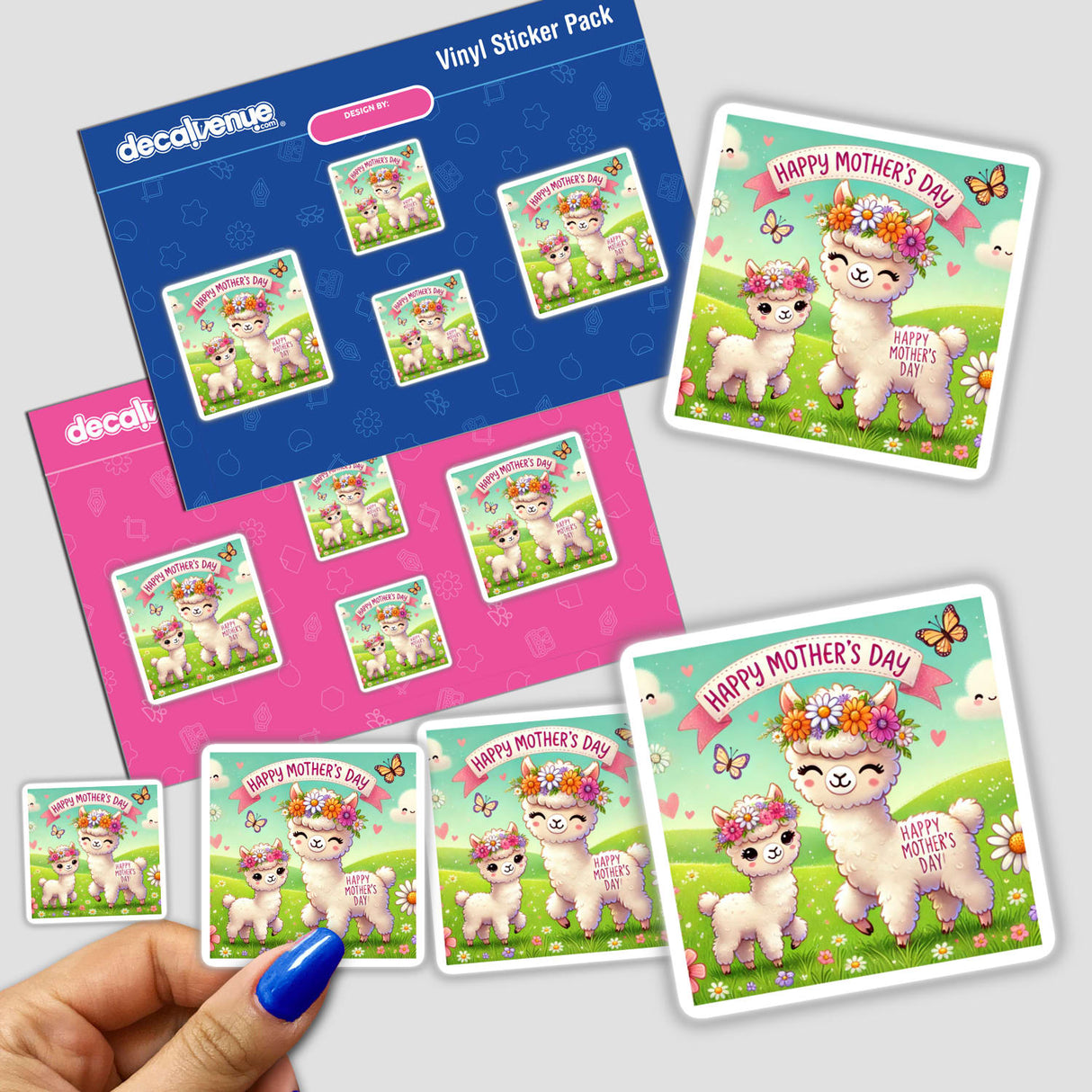 Two Cute Llamas for Mothers Day Surrounded by Flowers, available as stickers or digital artwork, showcasing two charming llamas amidst a vibrant floral arrangement, perfect for unique gifting or decoration.