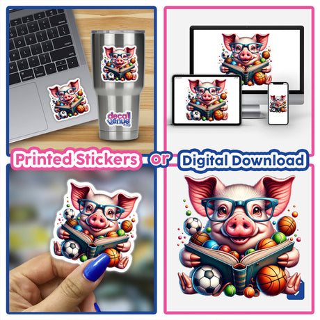 Cute Pig Reading a Book with Glasses and Sports Balls: A whimsical sticker and digital art depicting a pig with glasses, surrounded by sports balls, engrossed in a book.
