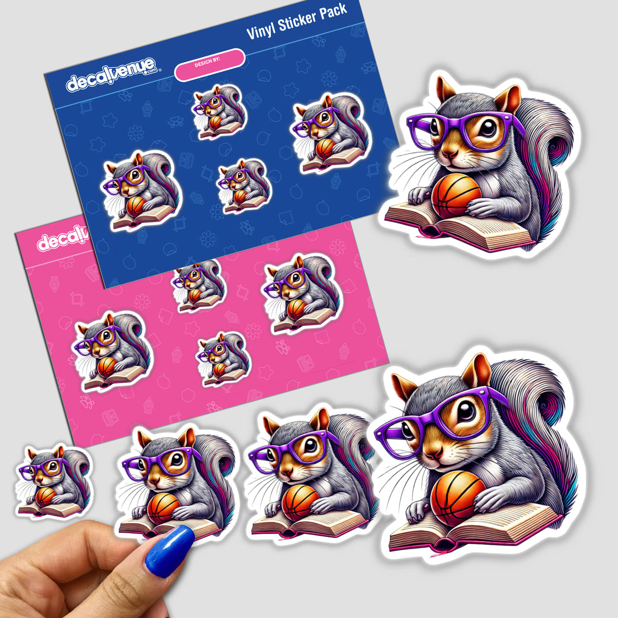 Sticker of a squirrel wearing purple glasses, holding a book and a basketball, titled Squirrel Reading a Book with Purple Glasses and Basketball, available at Decal Venue.