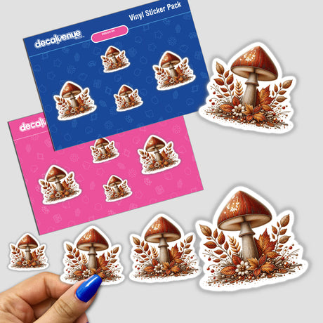 Autumn Forest Mushroom with Leaves stickers featuring detailed mushrooms, leaves, berries, and flowers, available as physical stickers or digital artwork from Decal Venue.