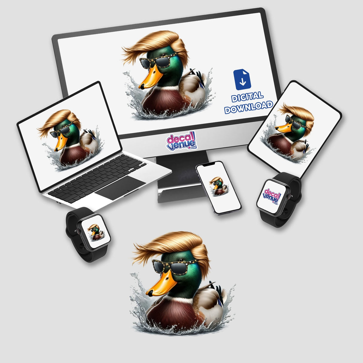 Mallard Duck Trump Hair sticker or digital artwork featuring a cartoon duck wearing sunglasses displayed on a computer and laptop screen, reflecting Decal Venue's unique vinyl and digital art offerings.