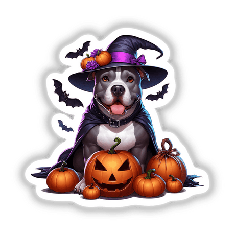 Halloween Pitbull Dog Dracula Cape and Witch Hat: A dog wearing a witch hat with pumpkins and a Dracula cape, available as stickers or digital artwork.