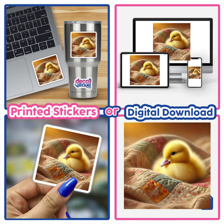 Duckling on Patterned Quilt: A collage featuring a laptop displaying a duckling on a quilt, with close-up images of a duckling and a hand holding a duckling picture.