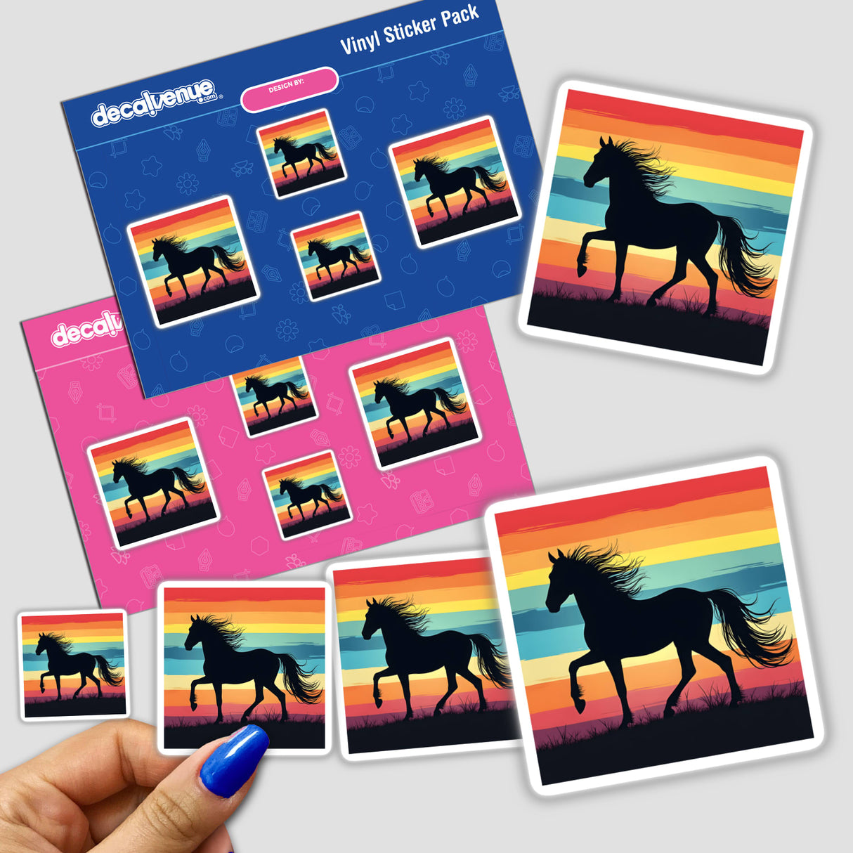 Horse Silhouette with Dynamic Color Stripes: Stickers featuring horse silhouettes against vibrant rainbow backgrounds. Available as unique stickers or digital artwork from Decal Venue.