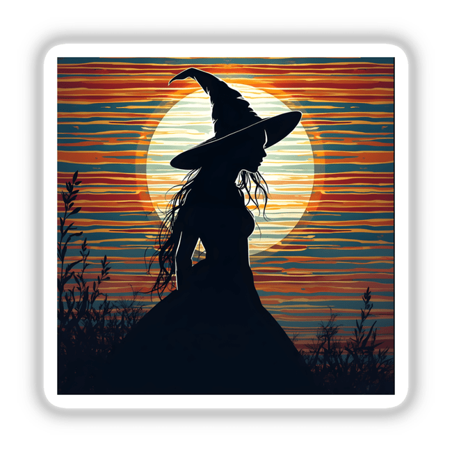 Silhouette of a woman in a witch hat, set against a vibrant striped background, perfect for Halloween-themed stickers or digital artwork.