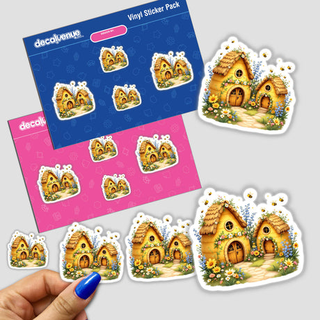 Whimsical Bumblebee Houses Nestled Among Spring Flowers stickers featuring cartoon houses surrounded by flowers, perfect for laptops and scrapbooks, capturing spring's enchanting essence with playful designs.