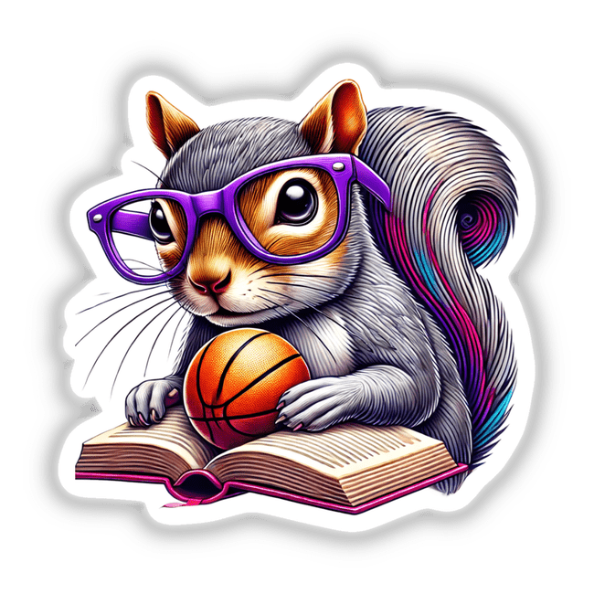 Squirrel Reading a Book with Purple Glasses and Basketball: A playful illustration of a squirrel in glasses holding a book and basketball, available as stickers or digital artwork from Decal Venue.