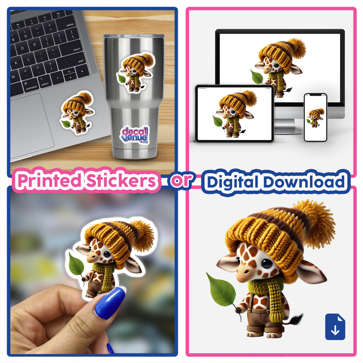 Giraffe Gnome with Leaf sticker or digital artwork featuring a giraffe in a hat and scarf, holding a leaf.