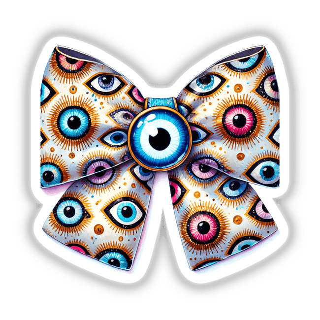 Vibrant evil eye pattern sticker with multicolored eyes on a butterfly-shaped digital artwork created by talented designers at Decal Venue.