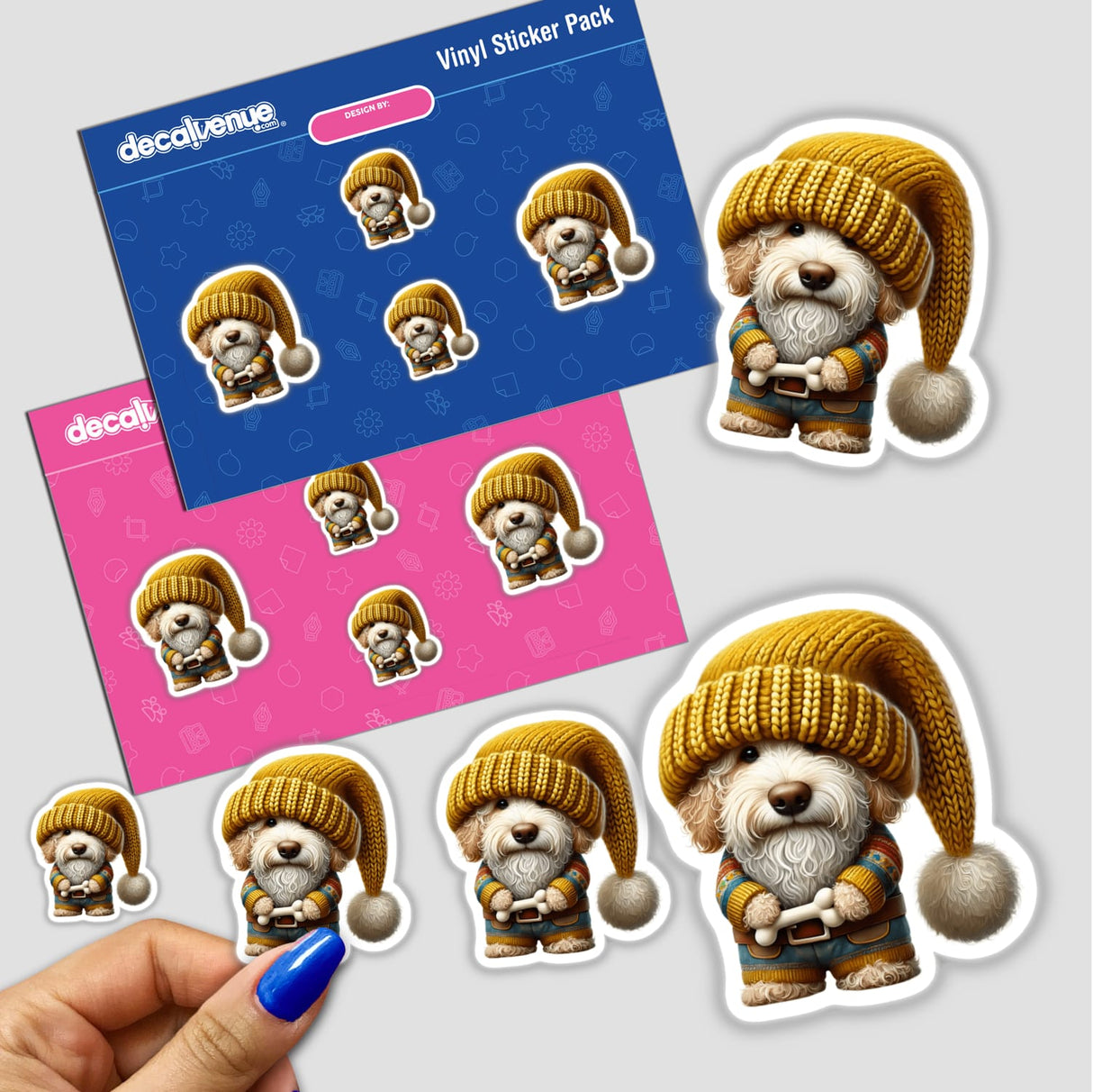 Goldendoodle Gnome Holding Dog Bone sticker featuring a cartoon dog in a hat and sweater, perfect for dog lovers and holiday decor from Decal Venue.