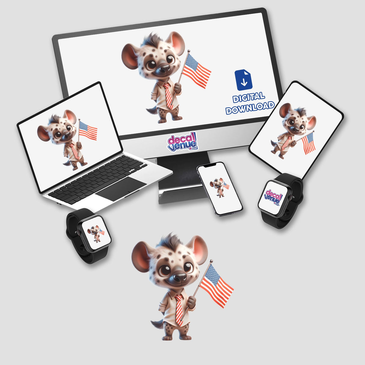 Cute Hyena Holding American Flag